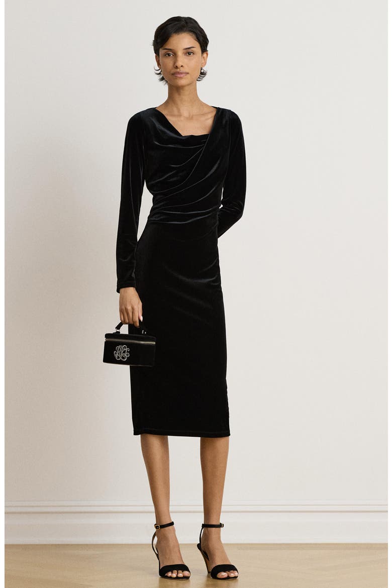 Draped Neck Long Sleeve Velvet Sheath Dress, Alternate, color, BLACK VELVET