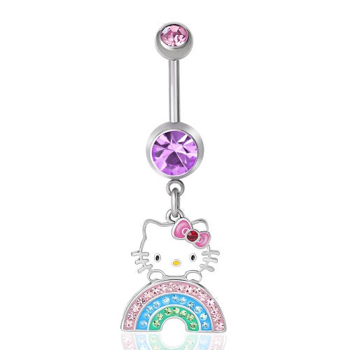 Hello Kitty 14g Stainless Steel Rainbow Crystal Dangle Belly Button Ring In Multi