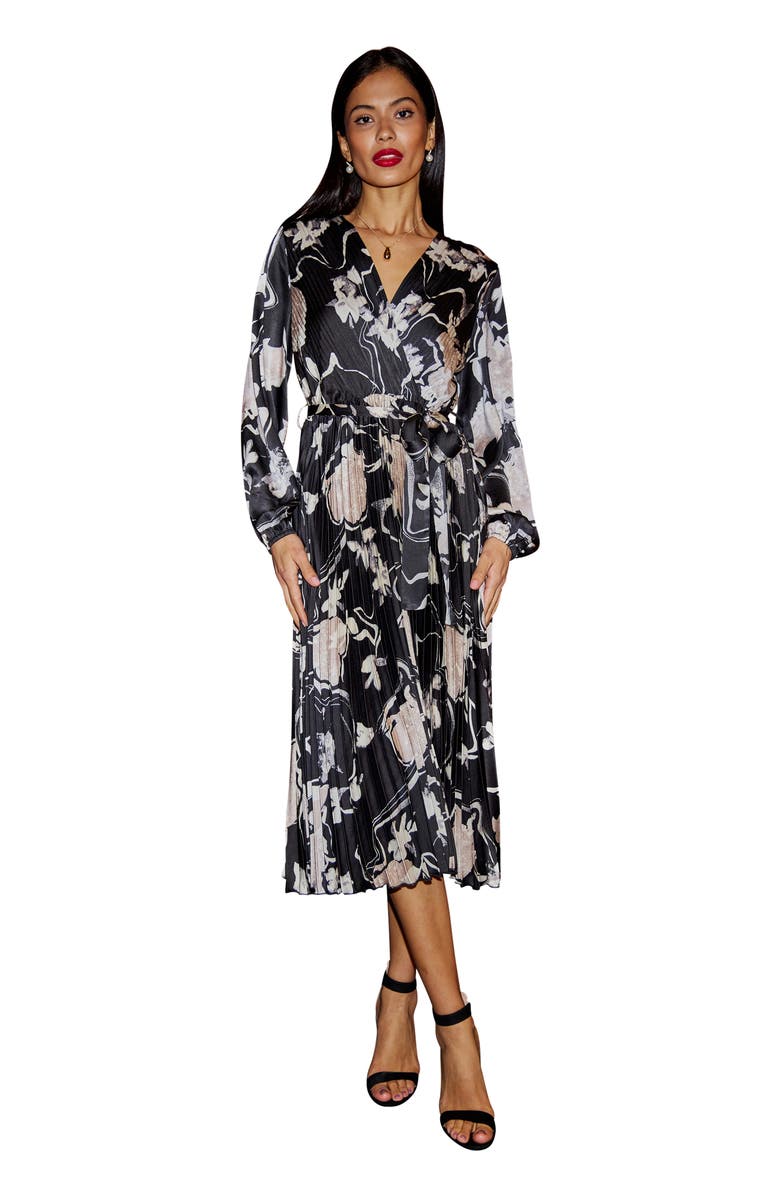 Yumi Floral Satin Long Sleeve Midi Dress, Main, color, Black