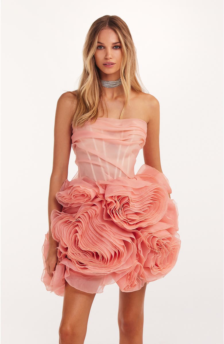 Milla Appliquéd Organza Coral Mini Dress, Alternate, color, 