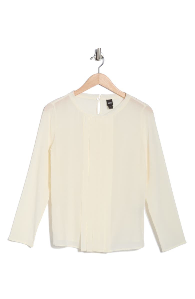 BOSS Bemiu Pleated Long Sleeve Silk Top, Main, color, Open White