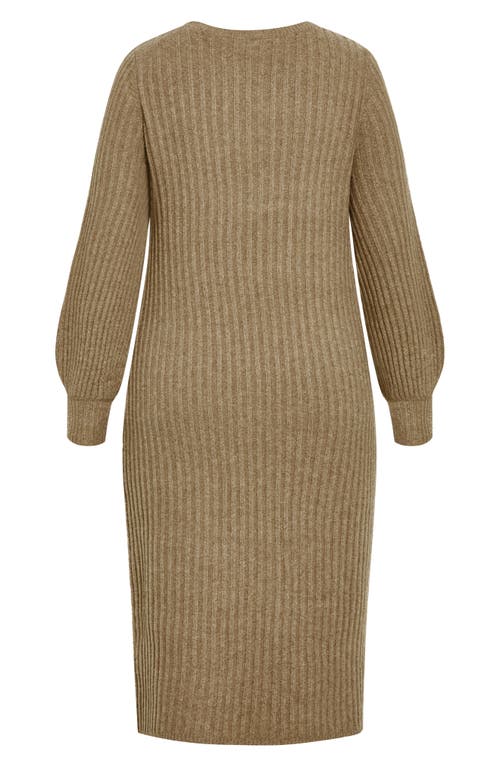 City Chic Saskia Long Sleeve Rib Sweater Dress In Mocha