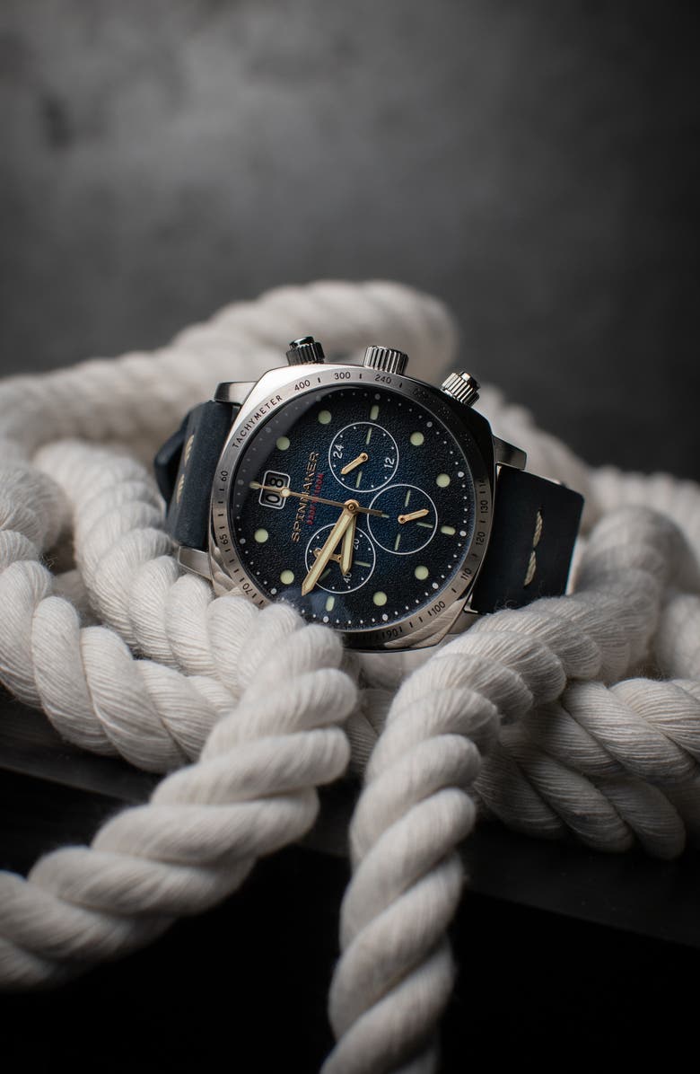 SPINNAKER Hull Chronograph Leather Strap Watch, 42mm, Alternate, color, Blue