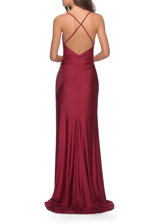 La Femme Long Homecoming Dress With Slit And Criss Cross Back In Burgundy