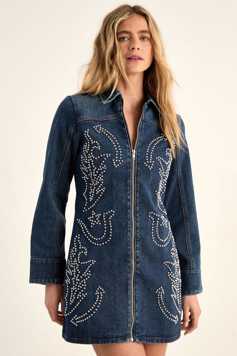 Studded Zip Front Denim Mini Dress, Alternate, color, Authentic Midwash