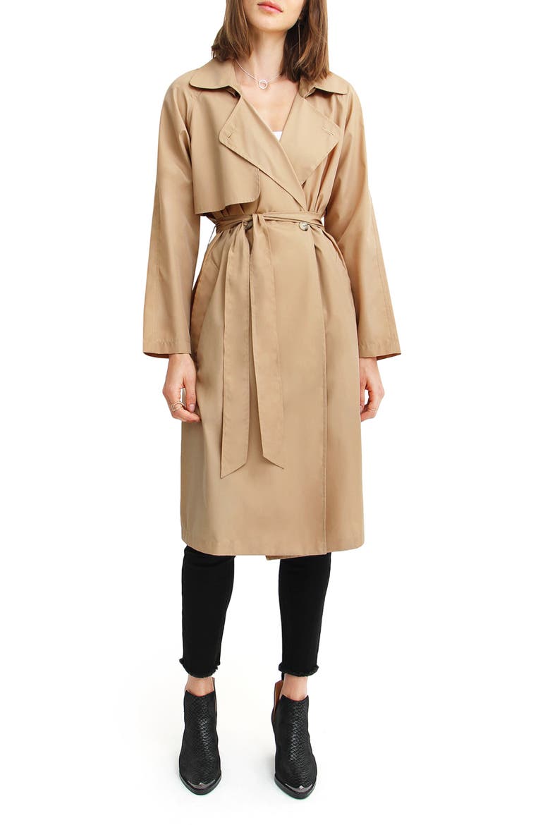 BELLE AND BLOOM Rain On Me Packable Trench Coat, Main, color, CAMEL