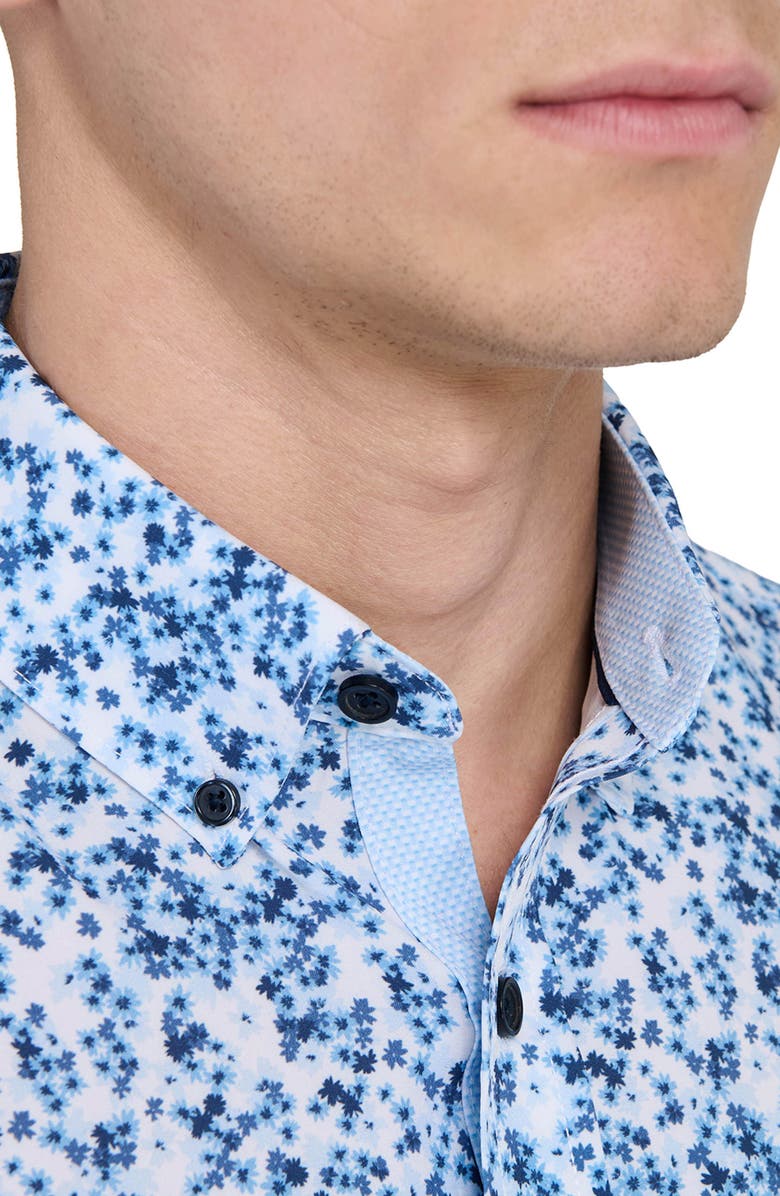 CONSTRUCT Slim Fit 4-Way Stretch Short Sleeve Button-Up Performance Shirt, Alternate, color, White/ Blue