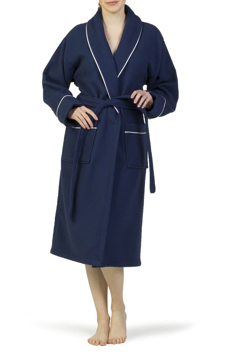 Hotel Collection Satin Piped Trim Waffle Terry Bathrobe, Alternate, color, NAVY