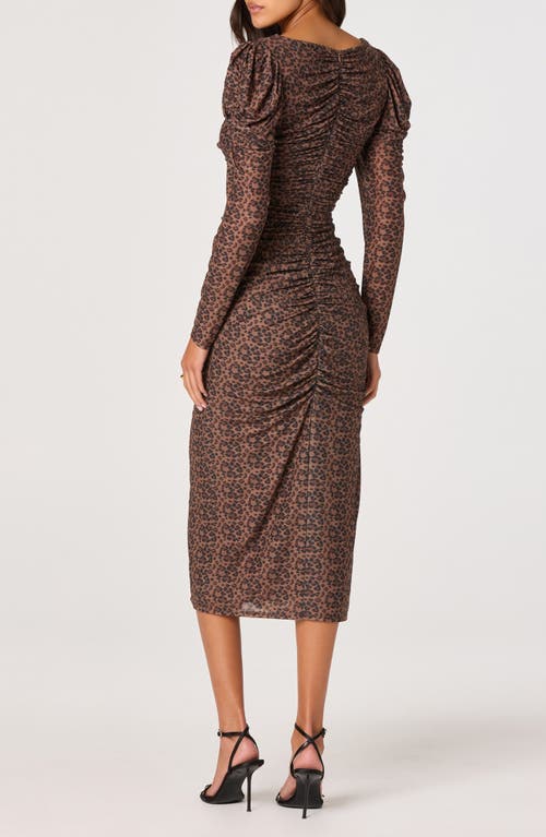Astr The Label Long Sleeve Ruched Mesh Midi Dress In Burgundy