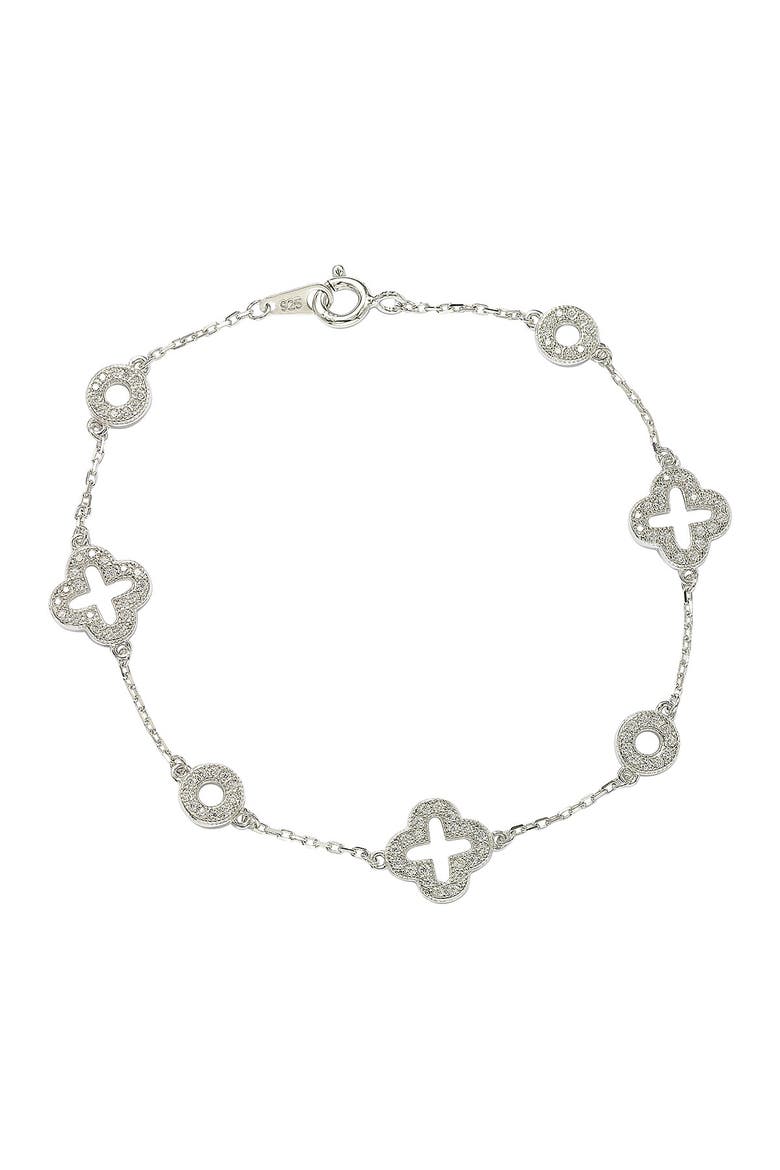 Sterling Silver Pavé CZ Clover Station Bracelet, Alternate, color, WHITE
