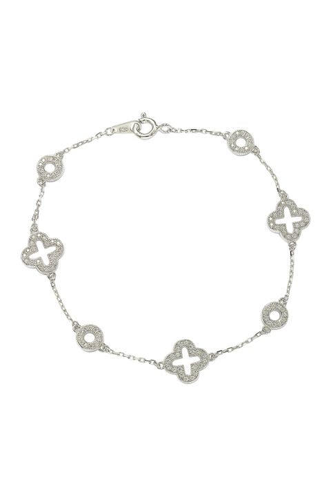 Sterling Silver Pavé CZ Clover Station Bracelet
