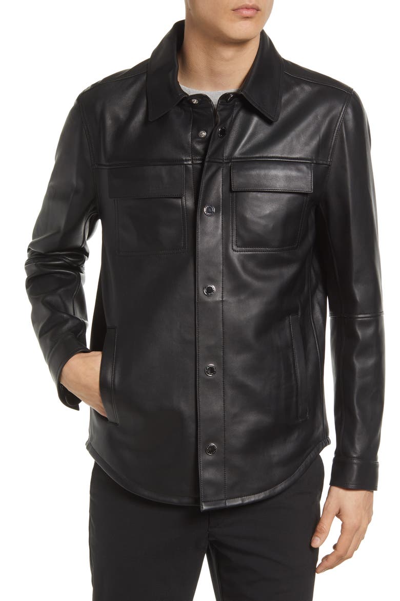 Men's Leather Shirt Jacket, Alternate, color, BLACK