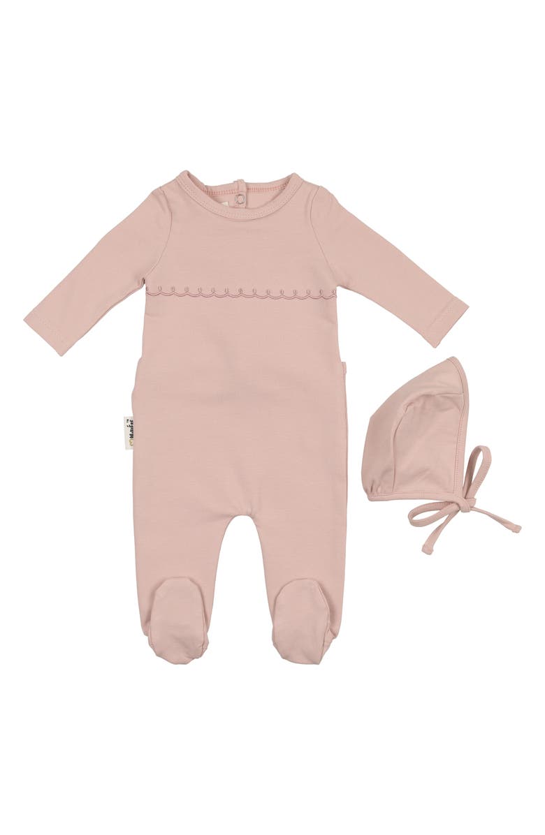 Manière Embroidered Yoke Footie & Hat Set, Main, color, Powder Pink