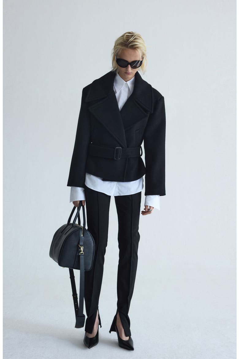 Oversized Virgin Wool Blend Belted Coat, Alternate, color, BLACK