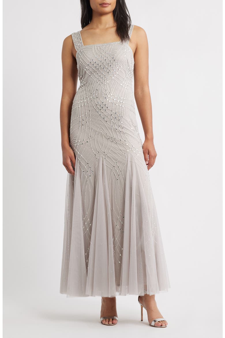 Beaded Gown with Long Sleeve Jacket, Alternate, color, SILVER