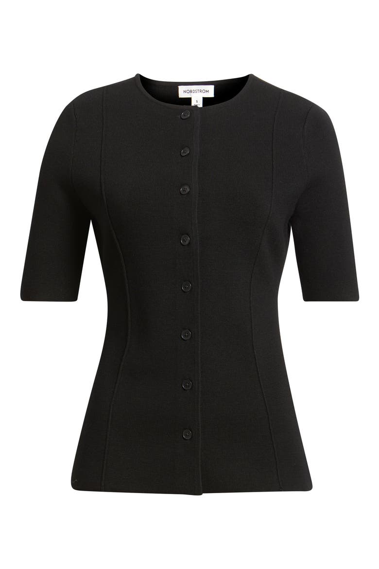 Crewneck Elbow Sleeve Cardigan, Alternate, color, BLACK