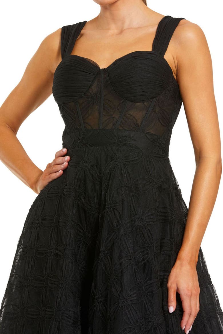 Sleeveless A Line Bustier Floral Tulle Midi Dress, Alternate, color, Black