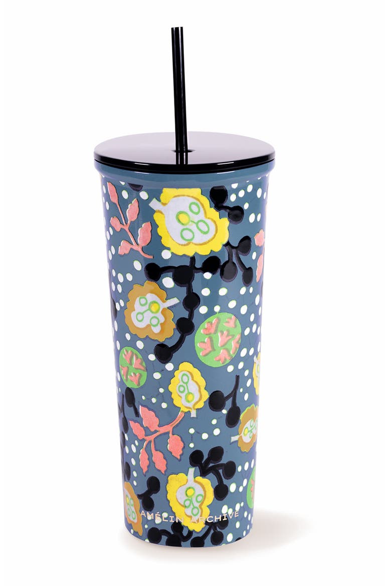 Archive Floral Stainless Steel Tumbler with Straw, Alternate, color, BLUE