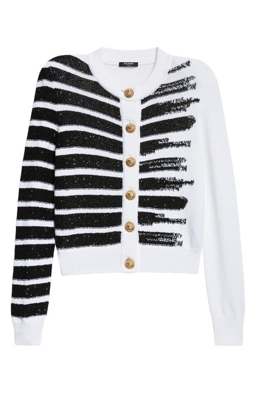 Shop Balmain Makeup Stripe Sequin Cardigan In White/black