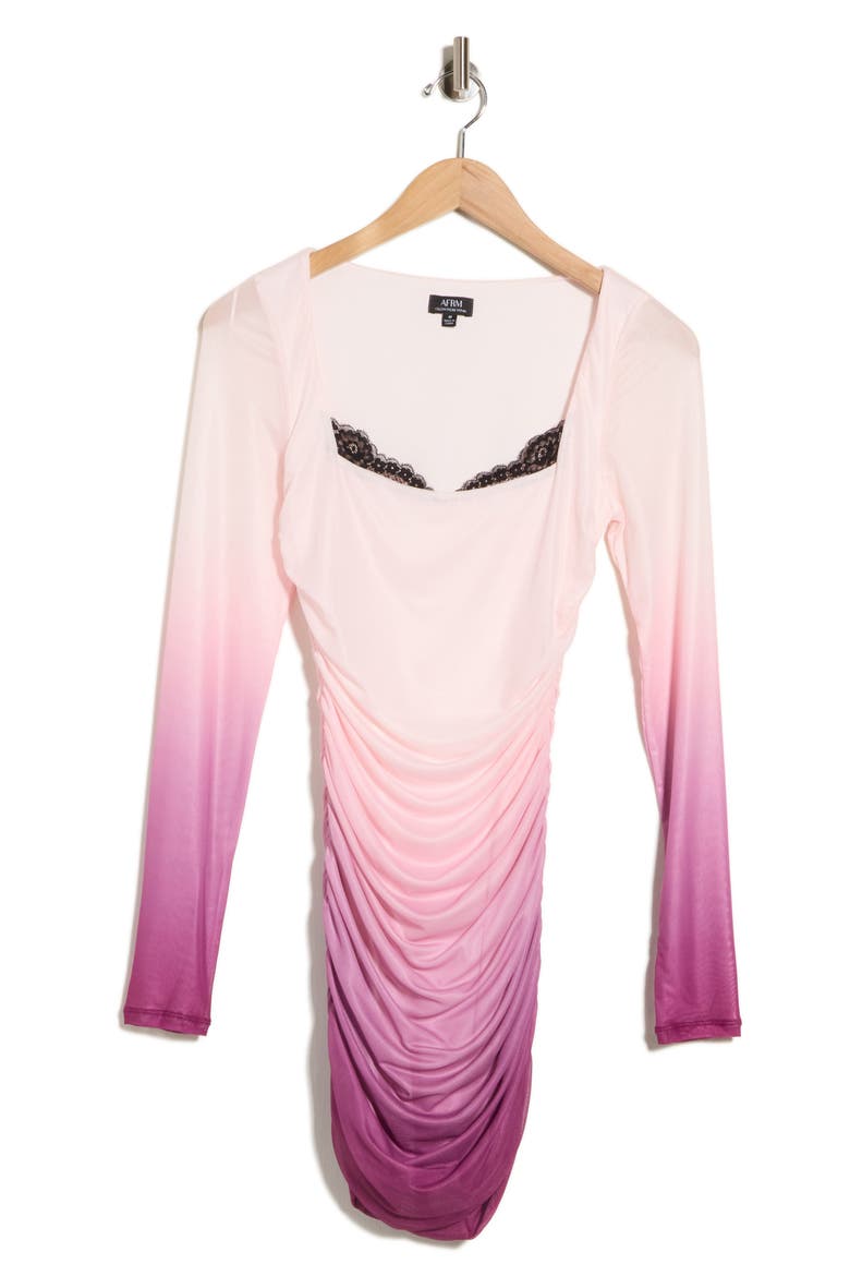 Maygel Peekaboo Lace Trim Long Sleeve Mesh Minidress, Alternate, color, MAUVE OMBRE