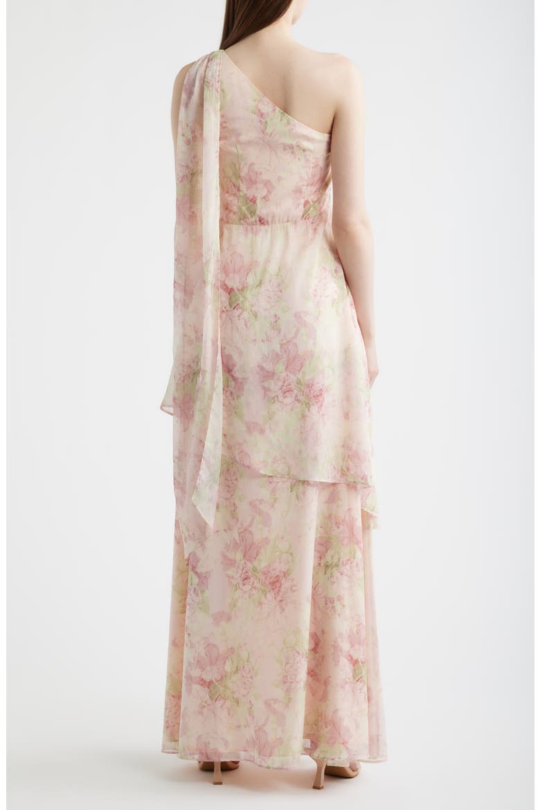 Amara Floral Print One-Shoulder Gown, Alternate, color, PINK MULTI