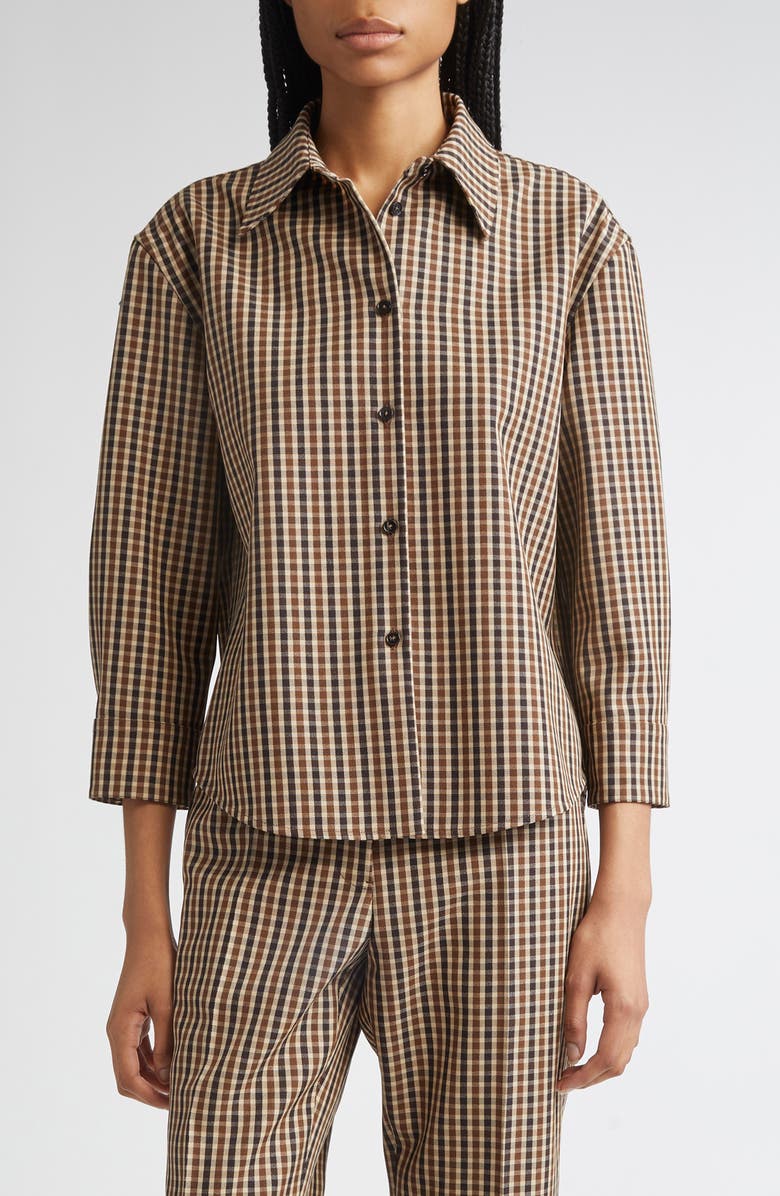 Jil Sander Classic Check Three-Quarter Sleeve Crop Button-Up Shirt, Main, color, Hazelnut Mouline