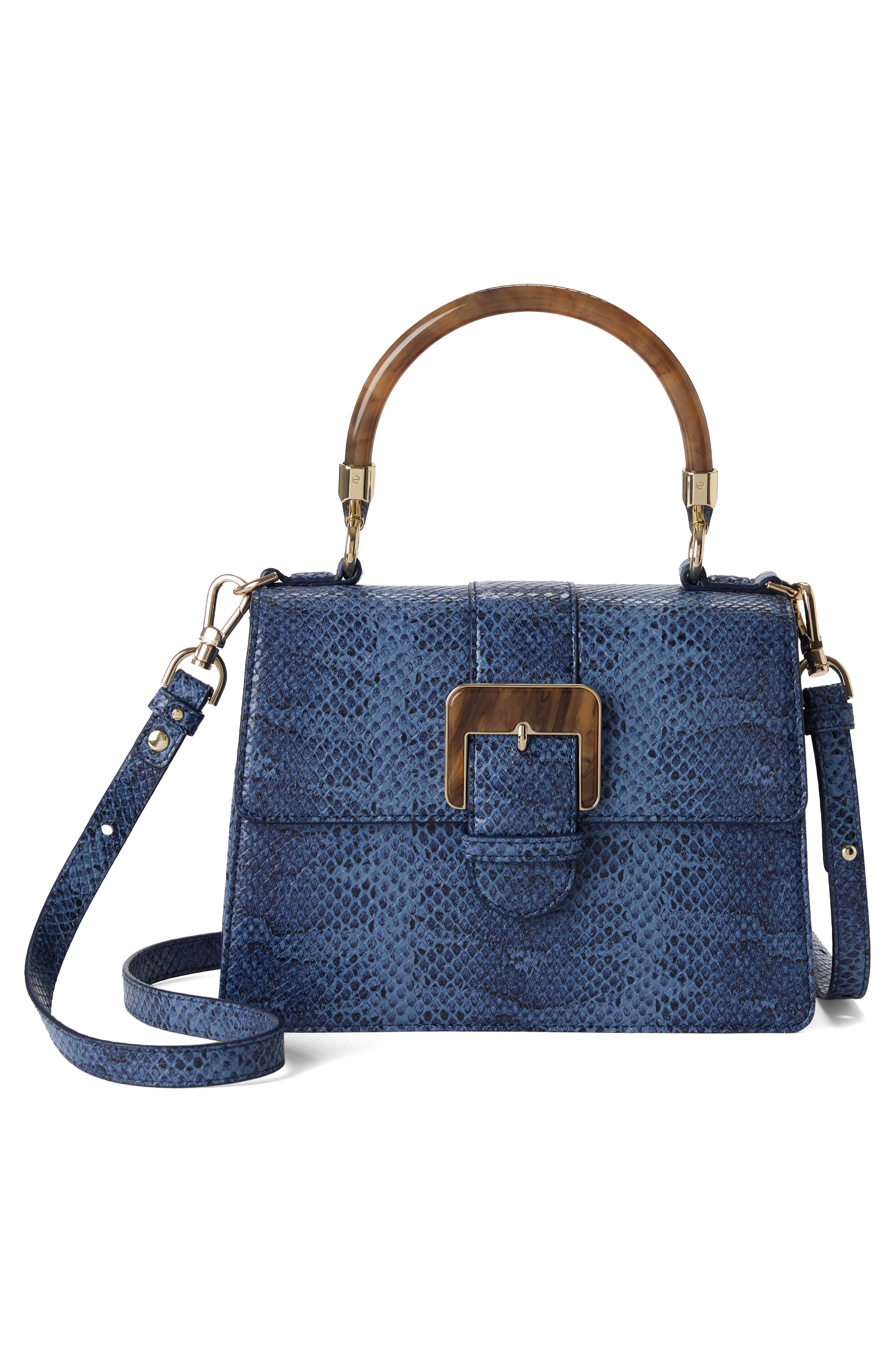 Brahmin Small Hallie Snakeskin Embossed Leather Top Handle Bag, Alternate, color, Navy