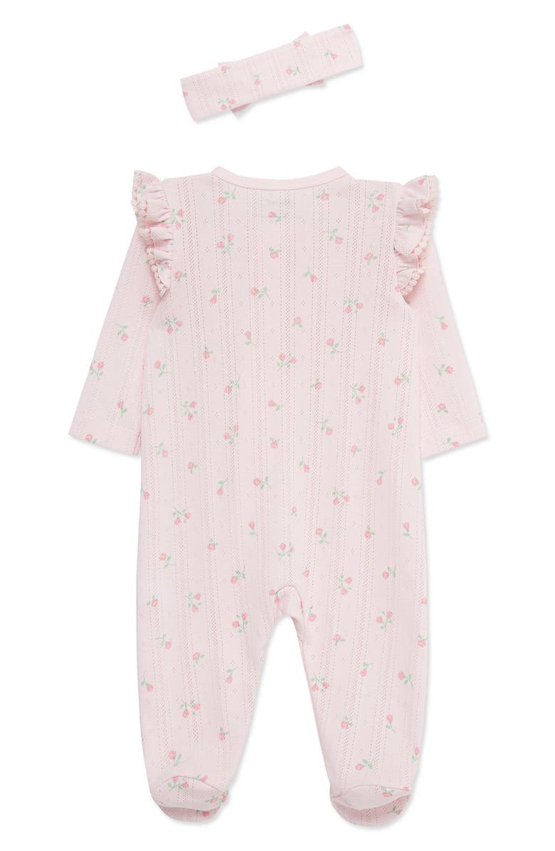 Little Me Dainty Roses Cotton Pointelle Footie & Headband Set, Alternate, color, Pink