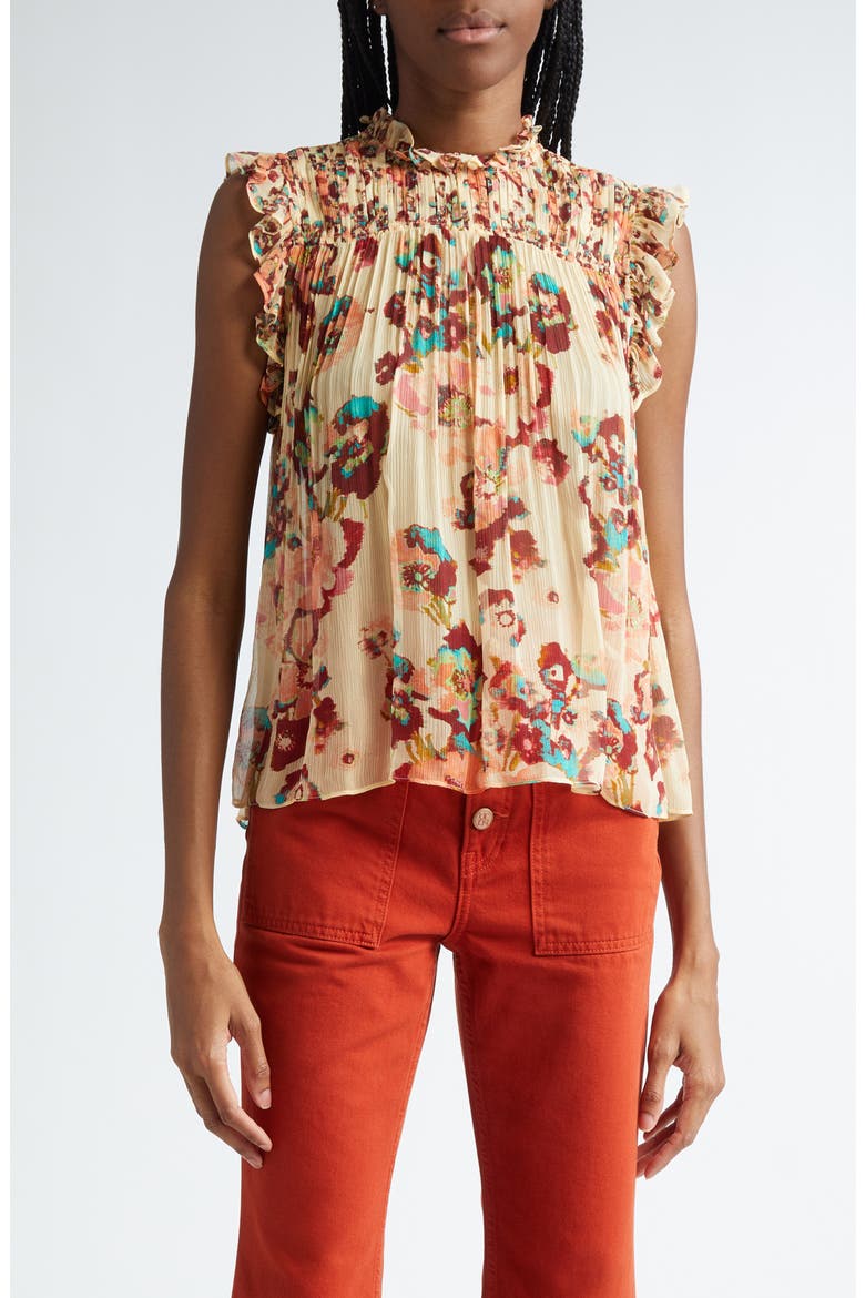 Georgina Floral Sleeveless Plissé Silk Top, Main, color, CAMELLIA