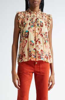 Ulla Johnson Georgina Floral Sleeveless Plissé Silk Top