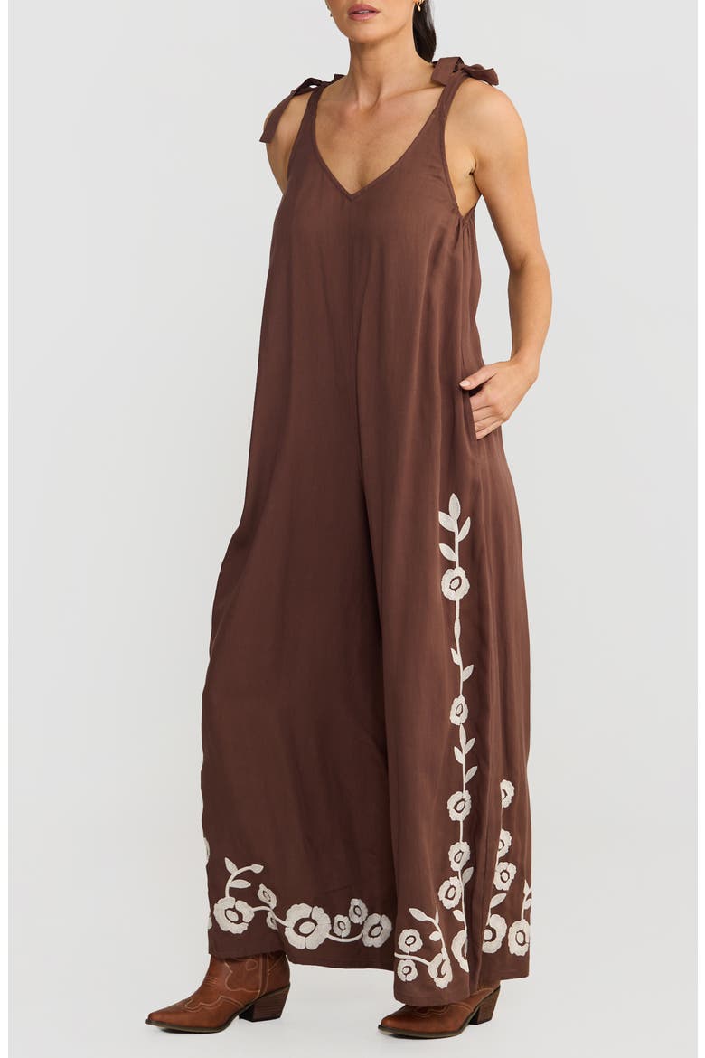 Temple Embroidered Wide Leg Jumpsuit, Alternate, color, CHOCOLATE W IVORY