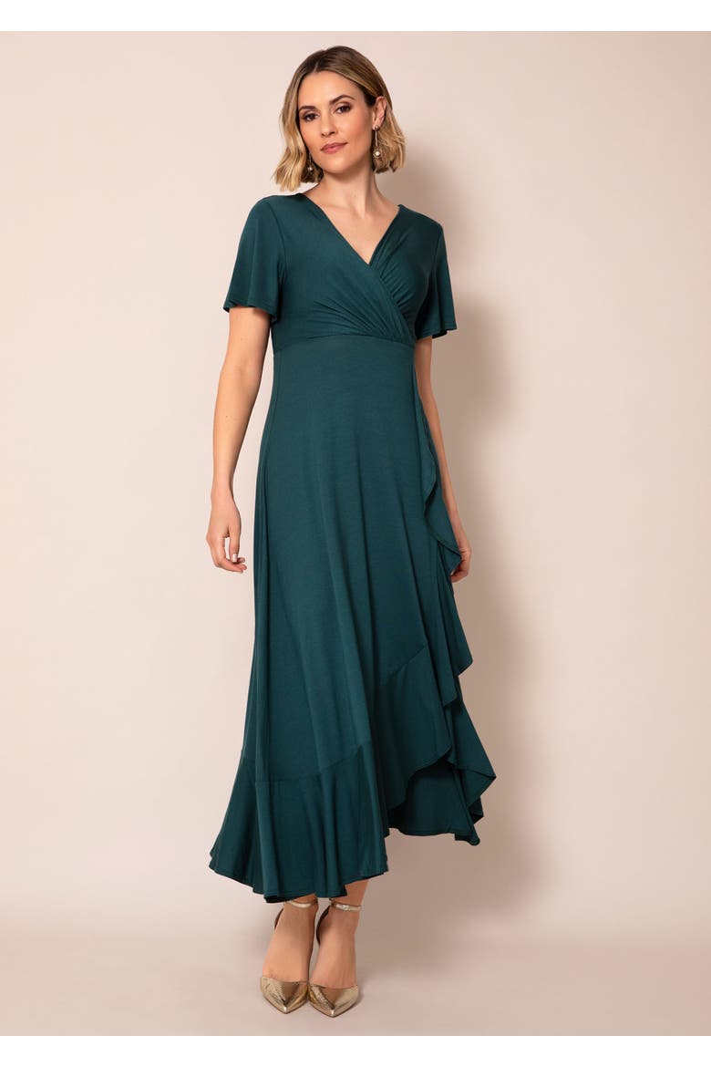 Waterfall Wrap Midi Dress Cascade Ruffle, Main, color, Pine Green