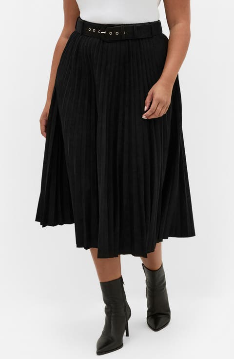 Pleated Belted Faux Suede Skirt