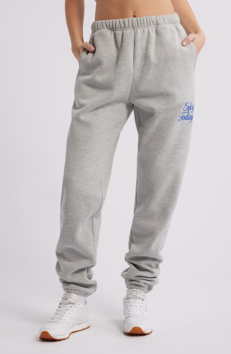 THE MAYFAIR GROUP Enjoy Today Fleece Graphic Joggers, Main, color, Grey