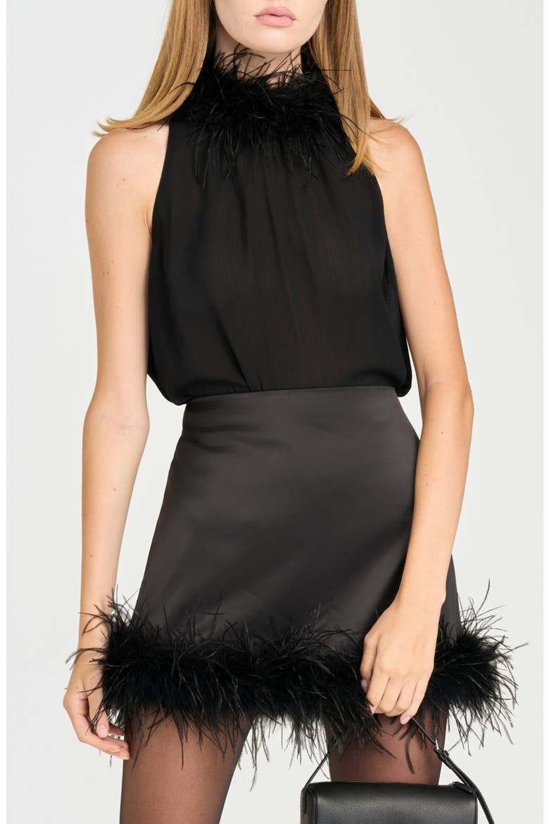 x Rose Lola Studio Faux Feather Trim Miniskirt, Alternate, color, BLACK