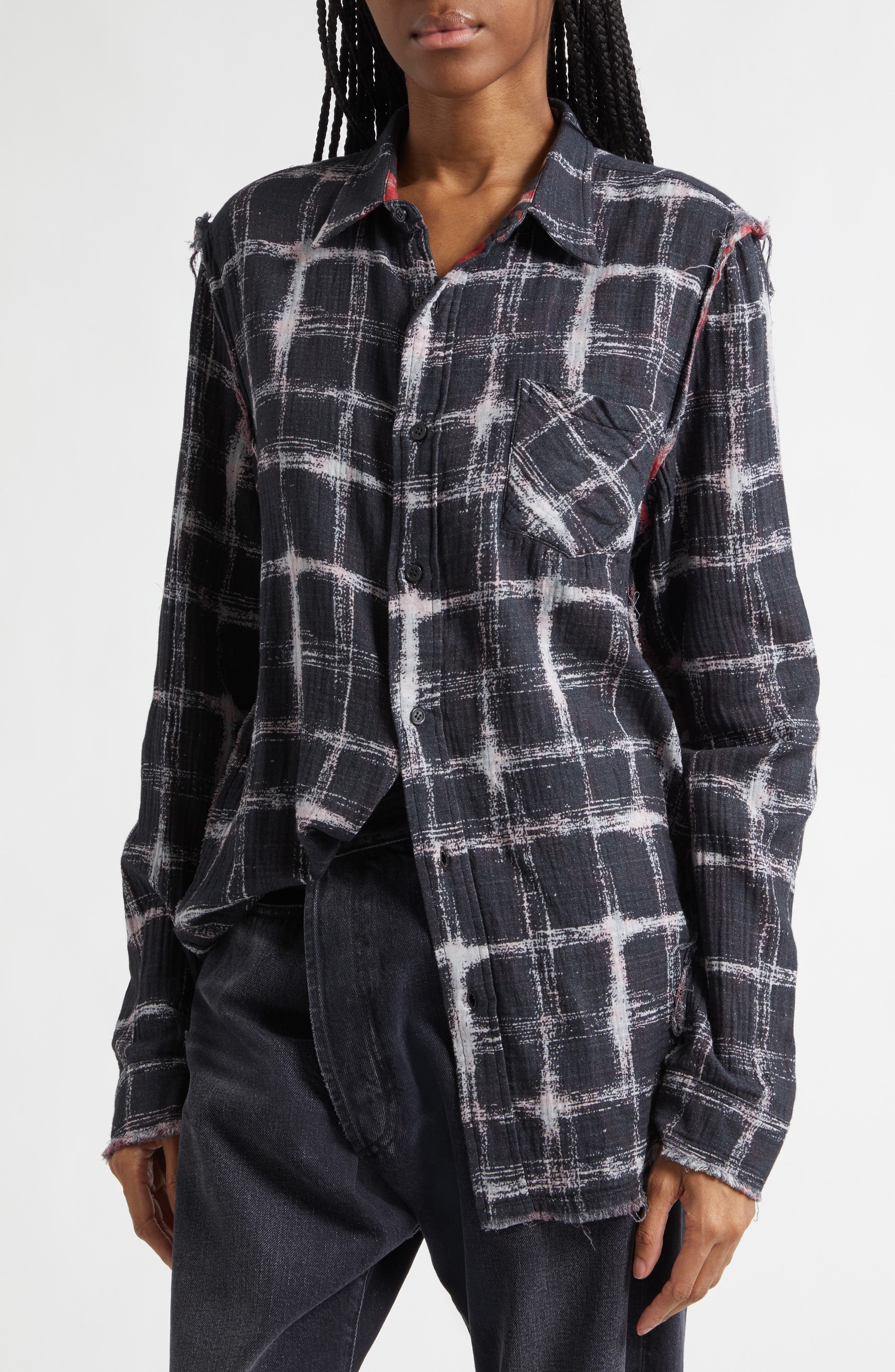 Shredded Seam Drop Neck Reversible Cotton Gauze Button-Up Shirt