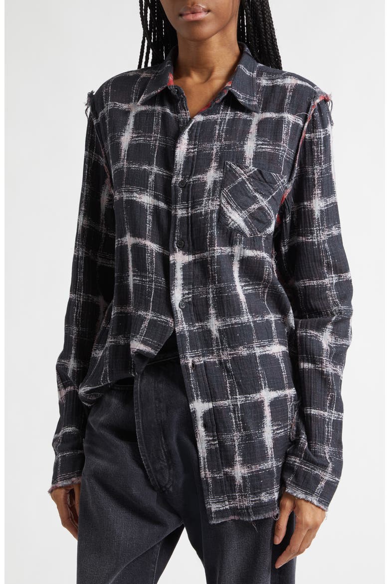 Shredded Seam Drop Neck Reversible Cotton Gauze Button-Up Shirt, Alternate, color, BLACK ECRU PLAID RED LEOPARD