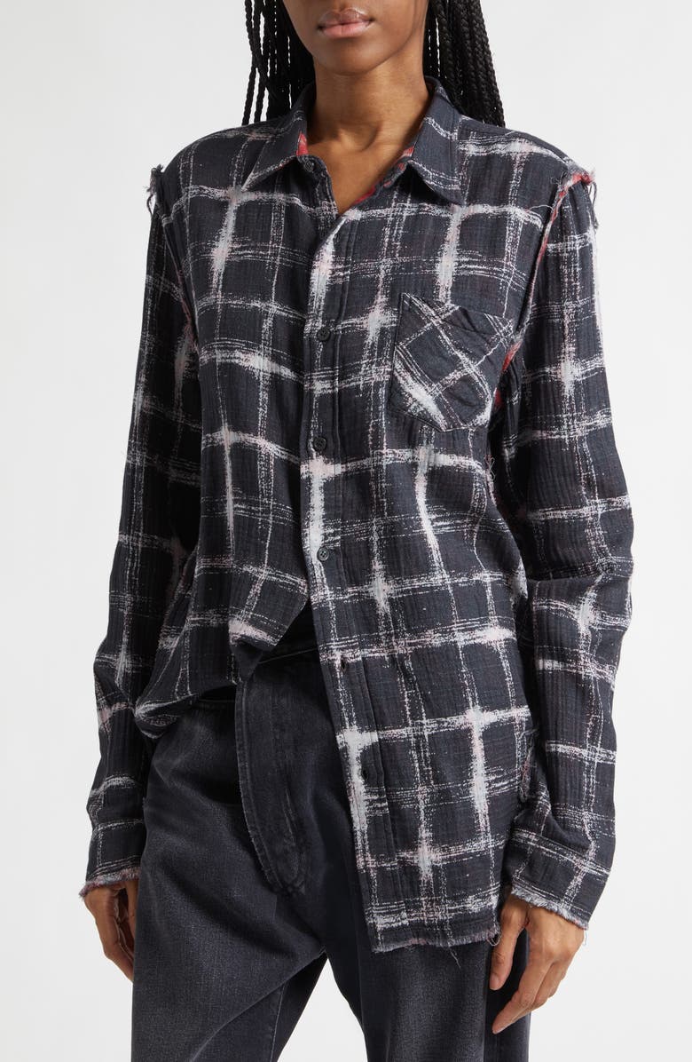 R13 Shredded Seam Drop Neck Reversible Cotton Gauze Button-Up Shirt, Alternate, color, Black Ecru Plaid Red Leopard