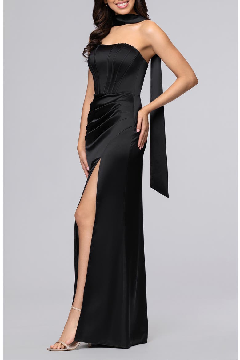 Scarf Detail Strapless Corset Gown, Alternate, color, BLACK