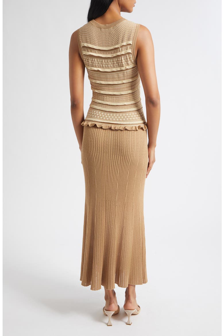 Annie Ruffle Sleeveless Midi Dress, Alternate, color, CAMEL/ IVORY COMBO