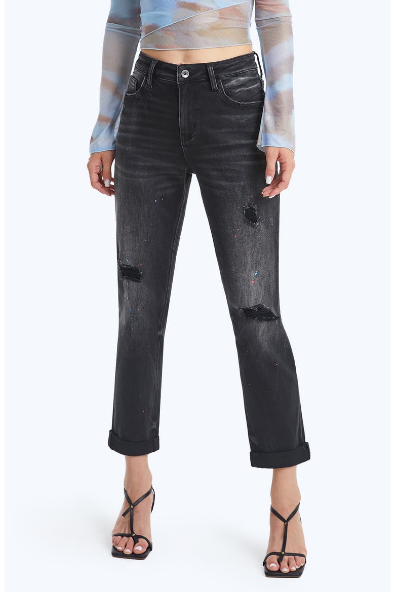 Paint Splatter Ripped High Waist Mom Jeans, Alternate, color, IRON BLACK