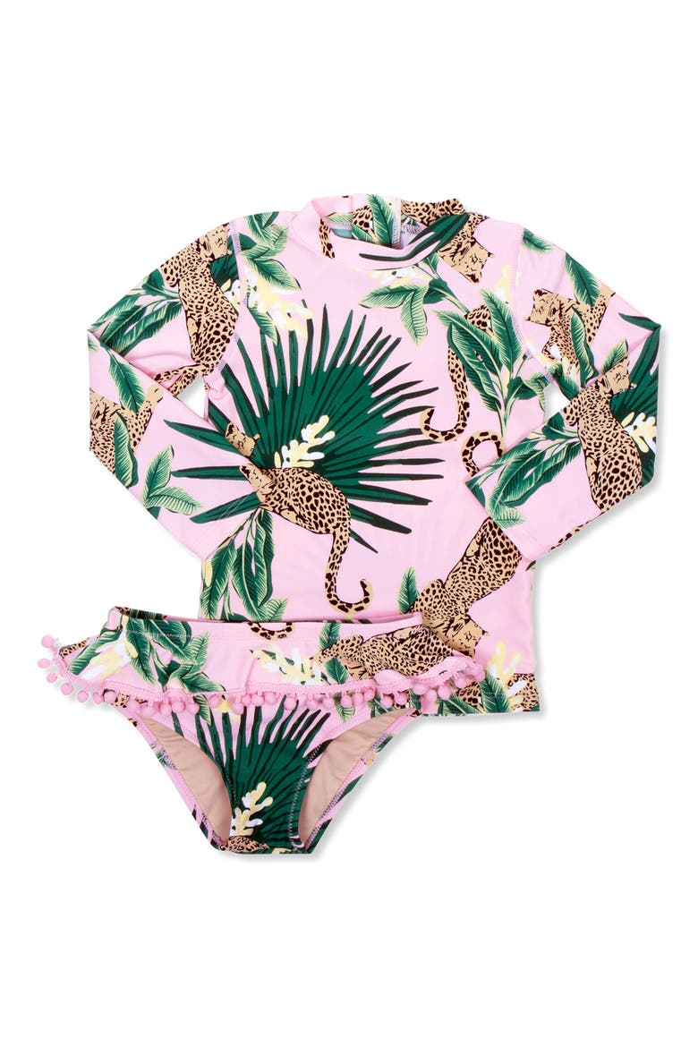 Kids' Tropical Leopard Long Sleeve Two-Piece UPF 50+ Rashguard Swimsuit, Alternate, color, PINK