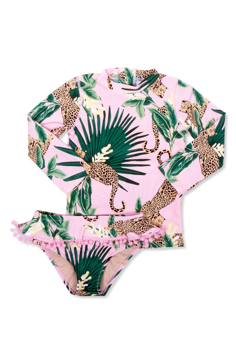 Shade Critters Kids' Tropical Leopard Long Sleeve Two-Piece UPF 50+ Rashguard Swimsuit, Alternate, color, Pink