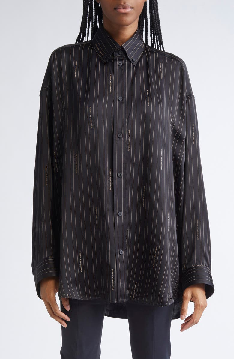 Balenciaga Logo Stripe Cocoon Button-Down Shirt, Main, color, 1264 Black/ Camel
