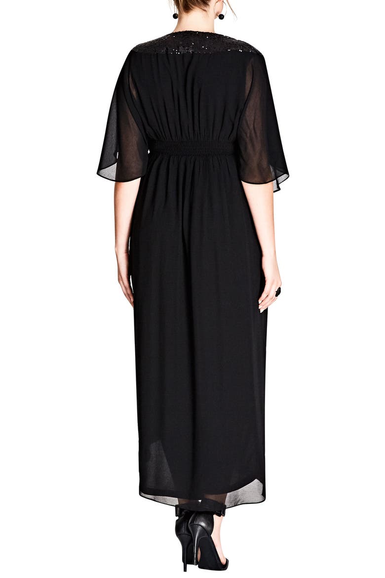 Sequin Faux Wrap Gown, Alternate, color, BLACK