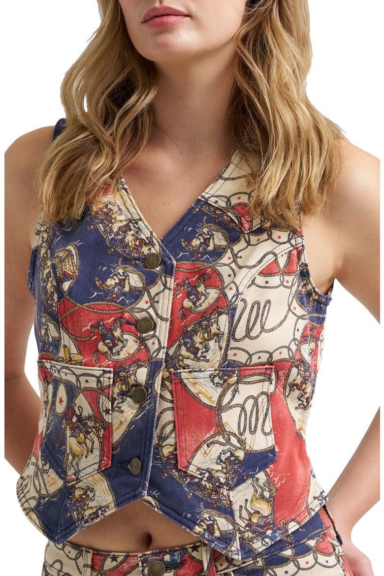 Rodeo Print Denim Western Vest, Alternate, color, RODEO ROUNDUP
