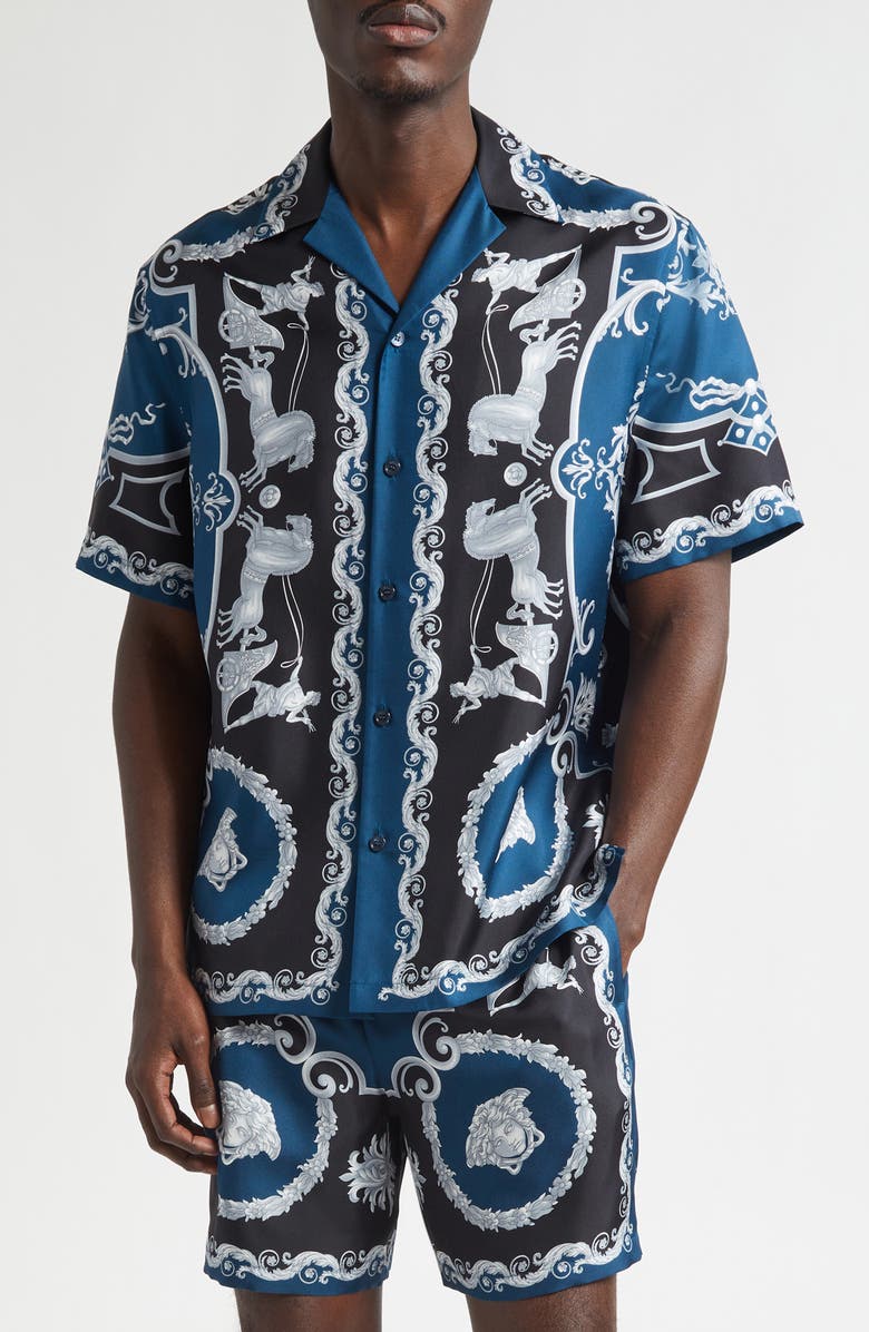 Versace La Coupe des Dieux Silk Camp Shirt, Main, color, Black Petrol Blue