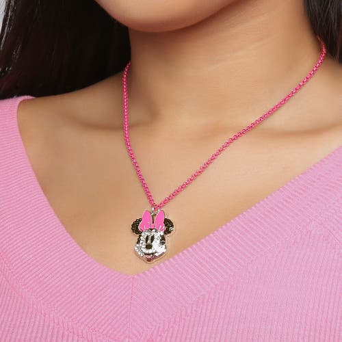 Disney Pave Crystal Minnie Mouse Necklace With Pink Chain, 16"+3" In Multi