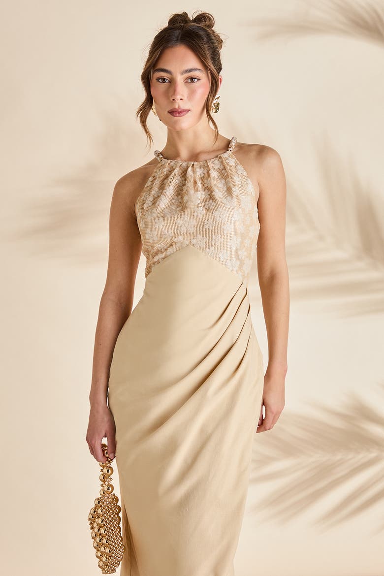 Bead Detail Sequin Midi Dress, Alternate, color, Beige