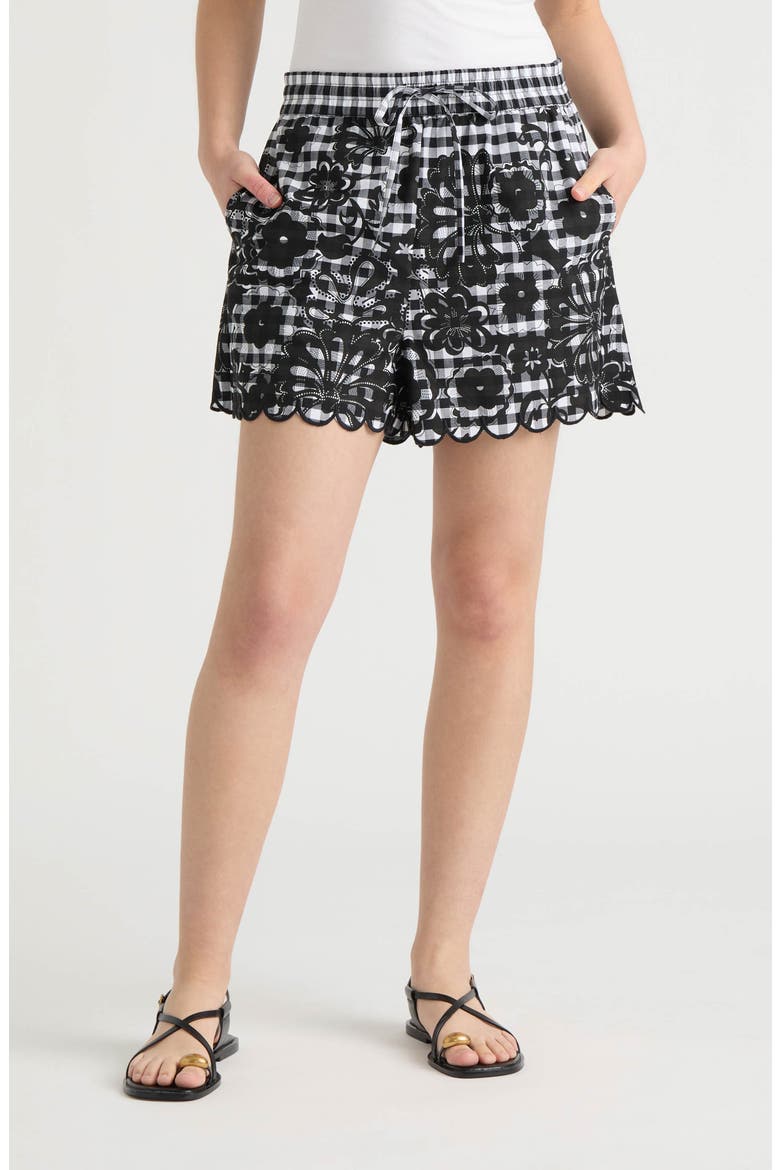 Floral Gingham Cotton Poplin Drawstring Shorts, Main, color, BLACK WHITE GINGHAM